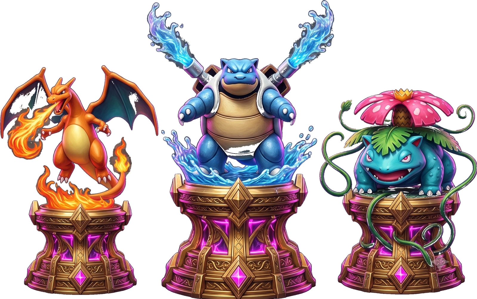 Troféus exclusivos do Torneio Ascensão Kanto: Charizard, Blastoise e Venusaur